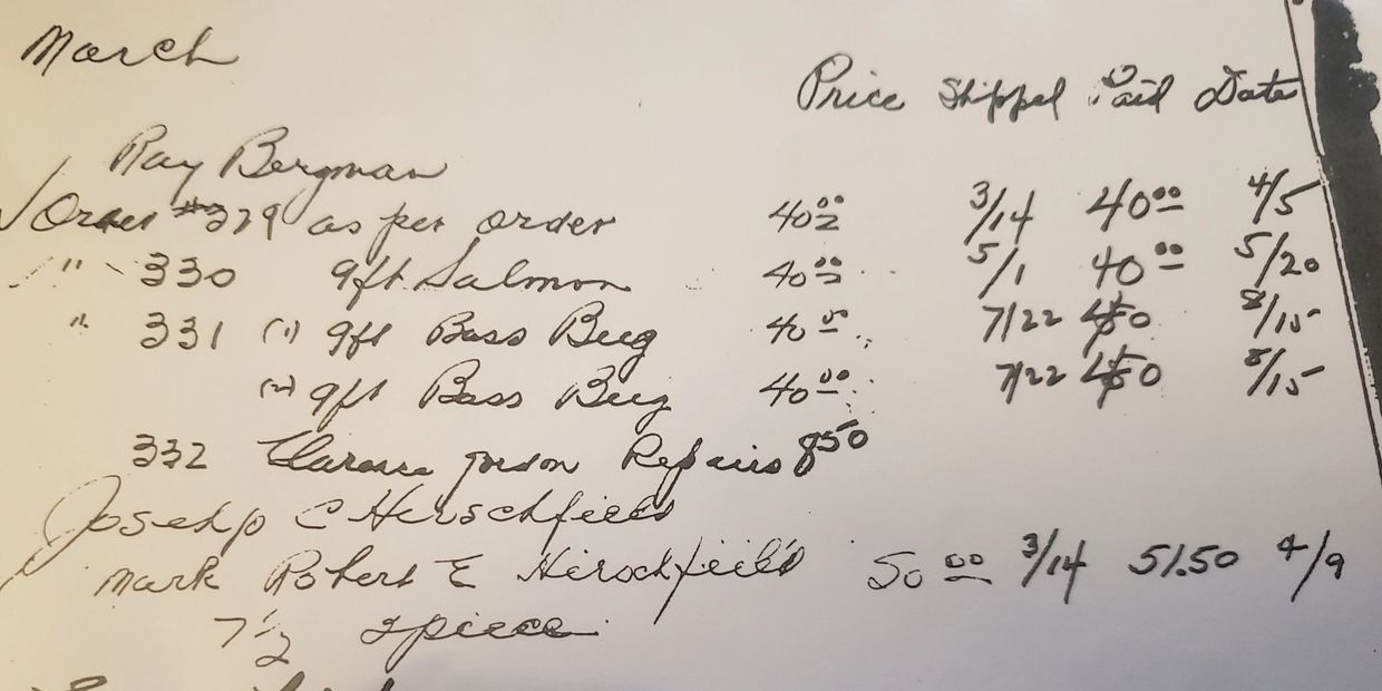 Lyle Dickerson bamboo fly rod, Lyle Dickerson ledger, Dickerson ledger records