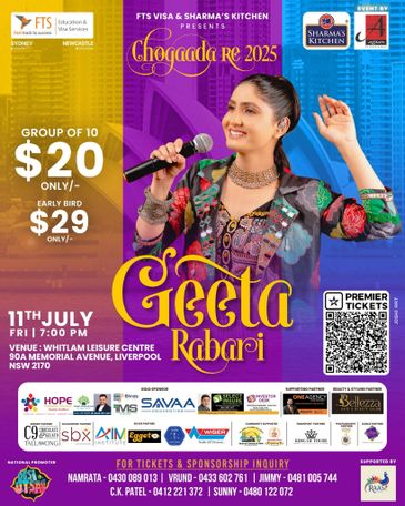 Event poster for Geeta Rabari live performance on 11th July in Liverpool, NSW.