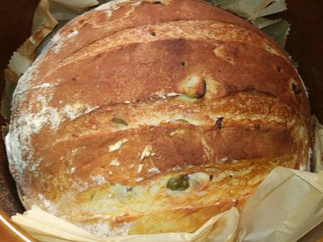Green olive bread baked in a dutch oven