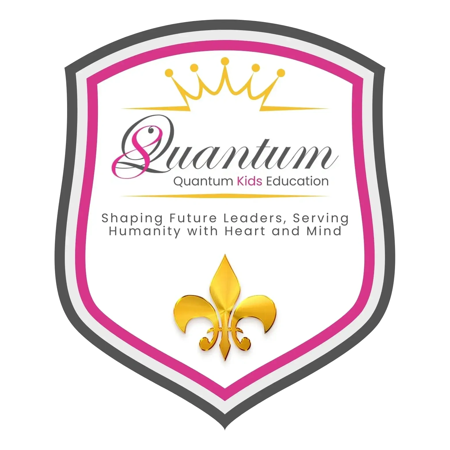 Quantum Kids Education shield logo with crown and gold fleur-de-lis