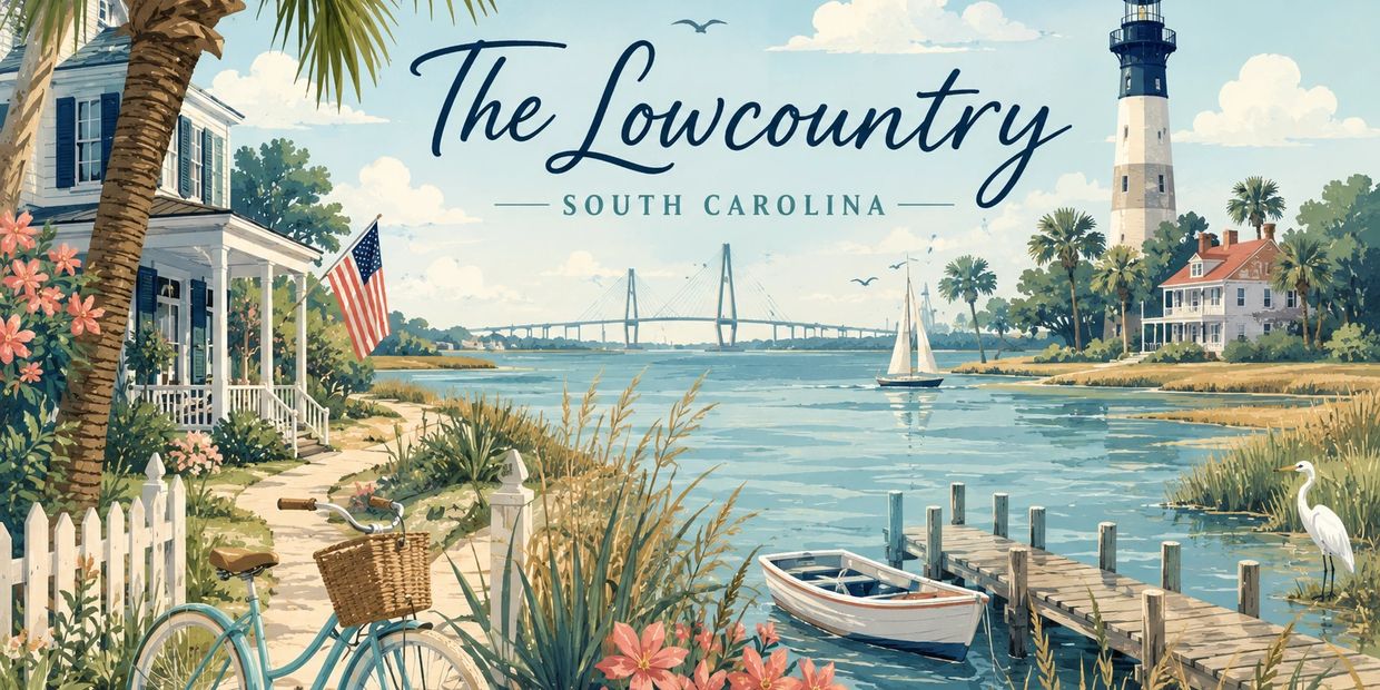 Scenic Lowcountry South Carolina with waterfront, lighthouse, and sailboat.