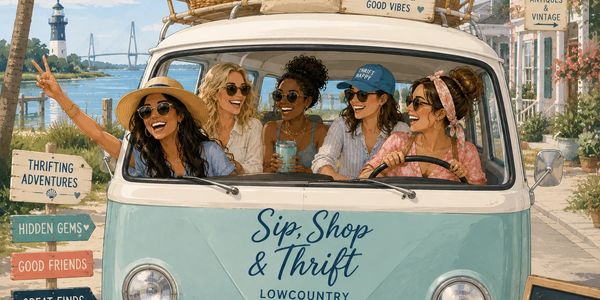 Five women enjoying a road trip in a vintage van by the seaside.