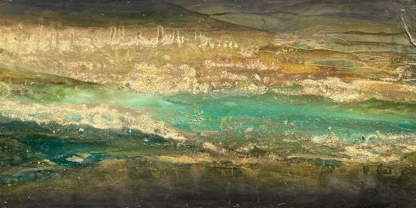 Abstract painting with gold, green, and brown hues.
