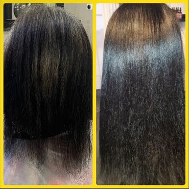 Before and after hair treatment showing smoother, shinier hair.