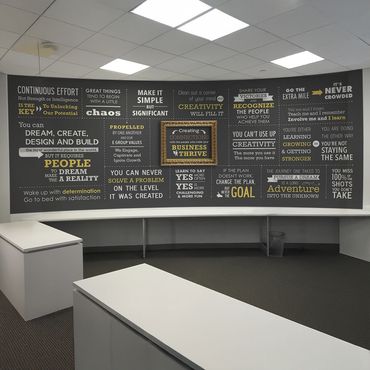 Wall graphic with with stacked quotes. The center quote is framed. Desk in foreground.