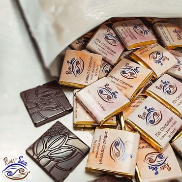 RiverSea Chocolate mini bars spilling out of the bag.