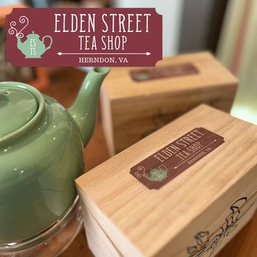 Elden Street Tea Shop logo, teapot, and recipe box.