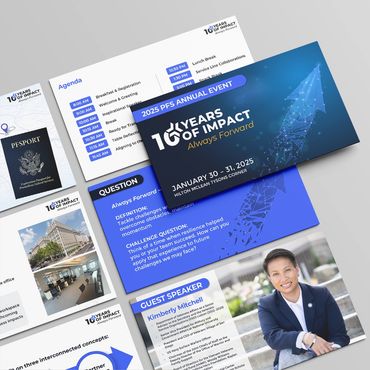 Sample slide designs from annual event including agenda slide and guest speaker slide.