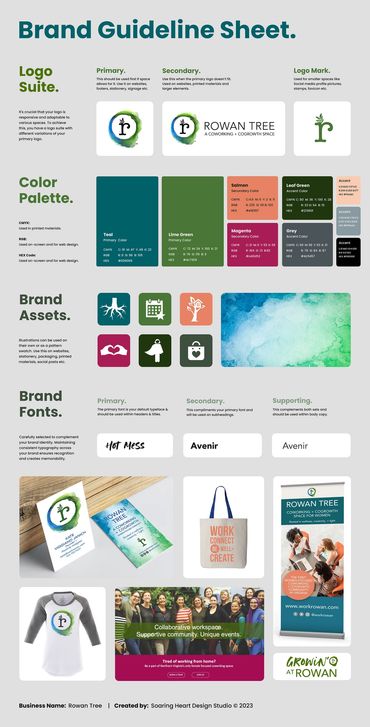 Brand Guidelines Sheet for Rowan Tree including logo, fonts, colors, icons, promotional products, an