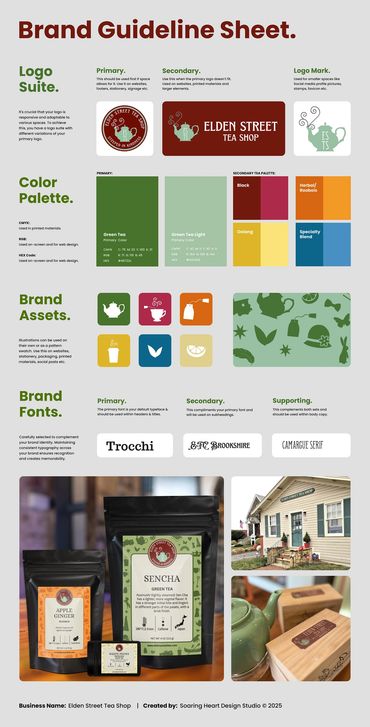 Brand Guidelines Sheet for Elden Street Tea Shop including logo, fonts, colors, icons, custom tea pa
