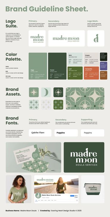 Brand Guidelines Sheet for Madre Moon Doula including logo, fonts, colors, icons, promotional produc