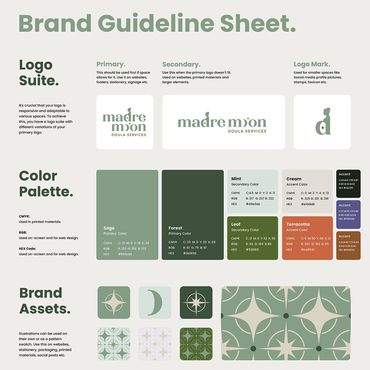 Brand Guideline Sheet showing logos, colors, and patterns.