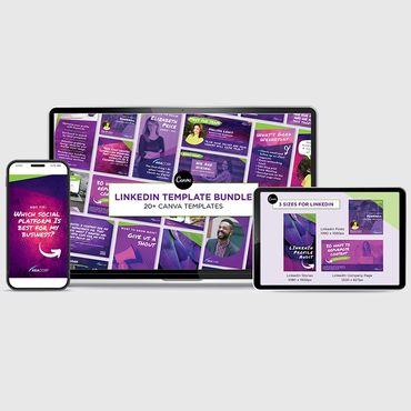 A phone, laptop, and tablet showing a suite of social media graphic templates.
