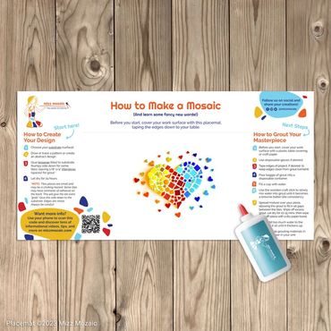 How to Make a Mosaic instructional placemat on a wooden table and glue bottle.
