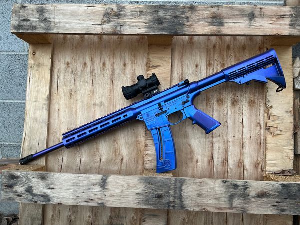 S&W M&P15-22 with Cerakote FX Mystique sitting on pallet.