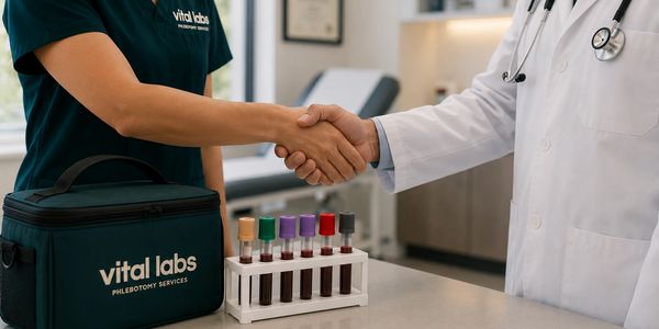 Medical professional and lab technician shaking hands.