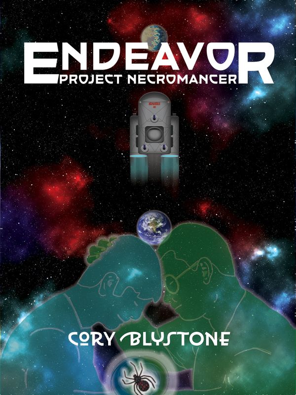 Sci-fi book cover showing two green-outlined figures, a spaceship, and Earth in space.