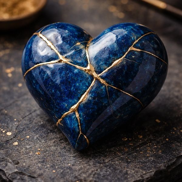 Blue heart-shaped stone repaired with gold lacquer.