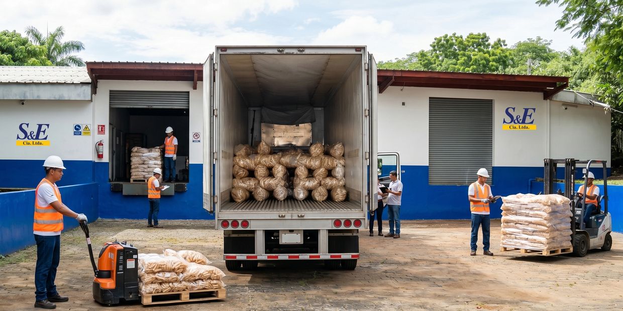 Workers loading bags onto a truck outside a warehouse.