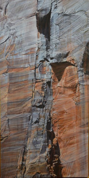 Close-up of a textured rock face with layered colors and cracks.