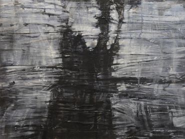 Abstract black and gray textured painting with layered brushstrokes.