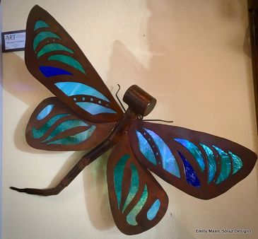 Rustic Refined steel and glass dragonfly wall hanging or free standing sculpture.