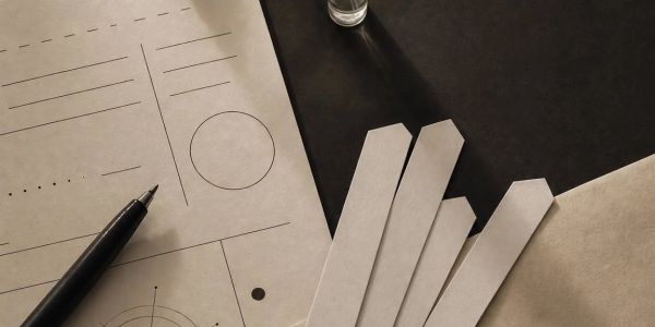 A pen, paper with diagrams, and paper strips on a dark surface.