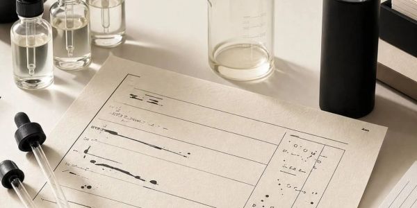 Laboratory glassware and a document with scientific notes on a table.