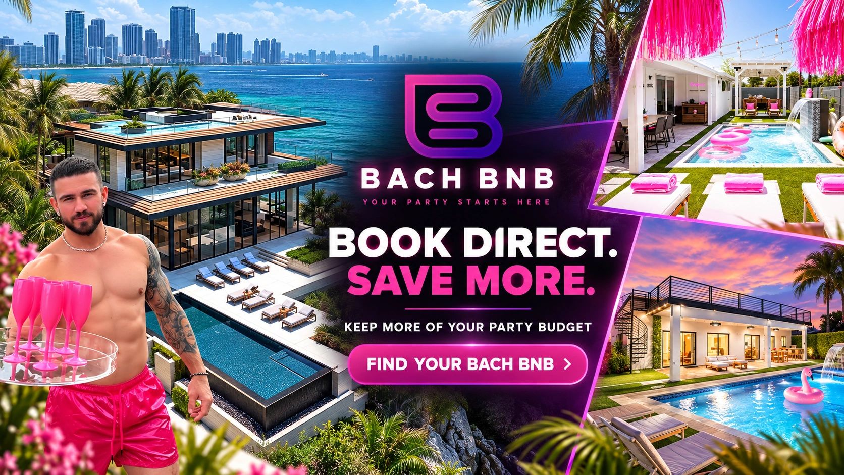 Bachelorette party rental properties booked directly with the hosts to help guests save money.