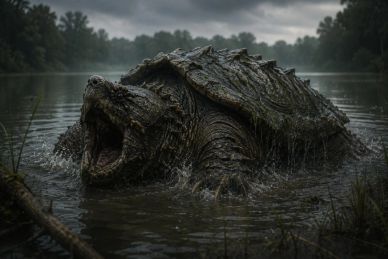 A large snapping turtle with its mouth open in murky water.