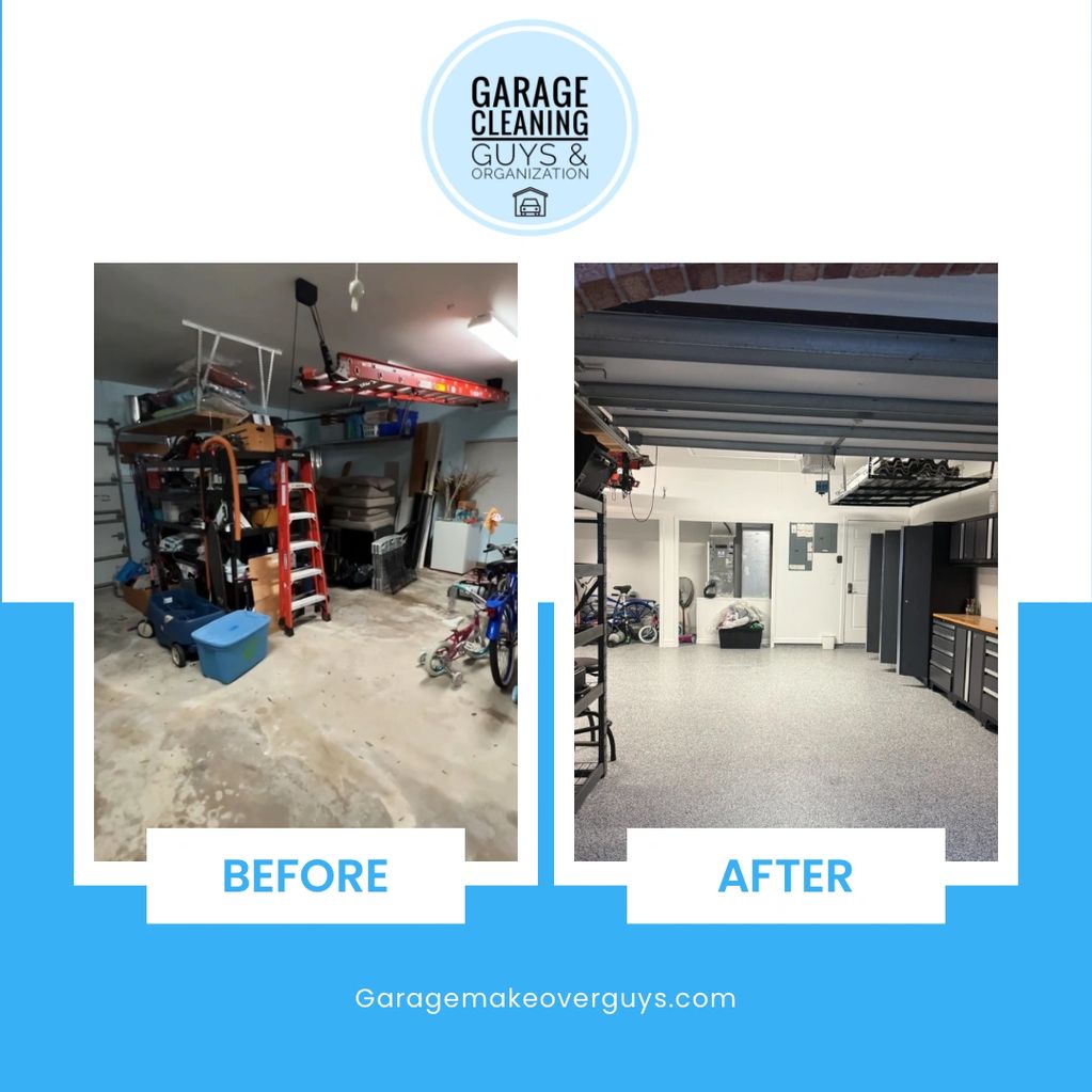 Before: The garage was cluttered and dusty with boxes and old furniture everywhere. After: It’s now