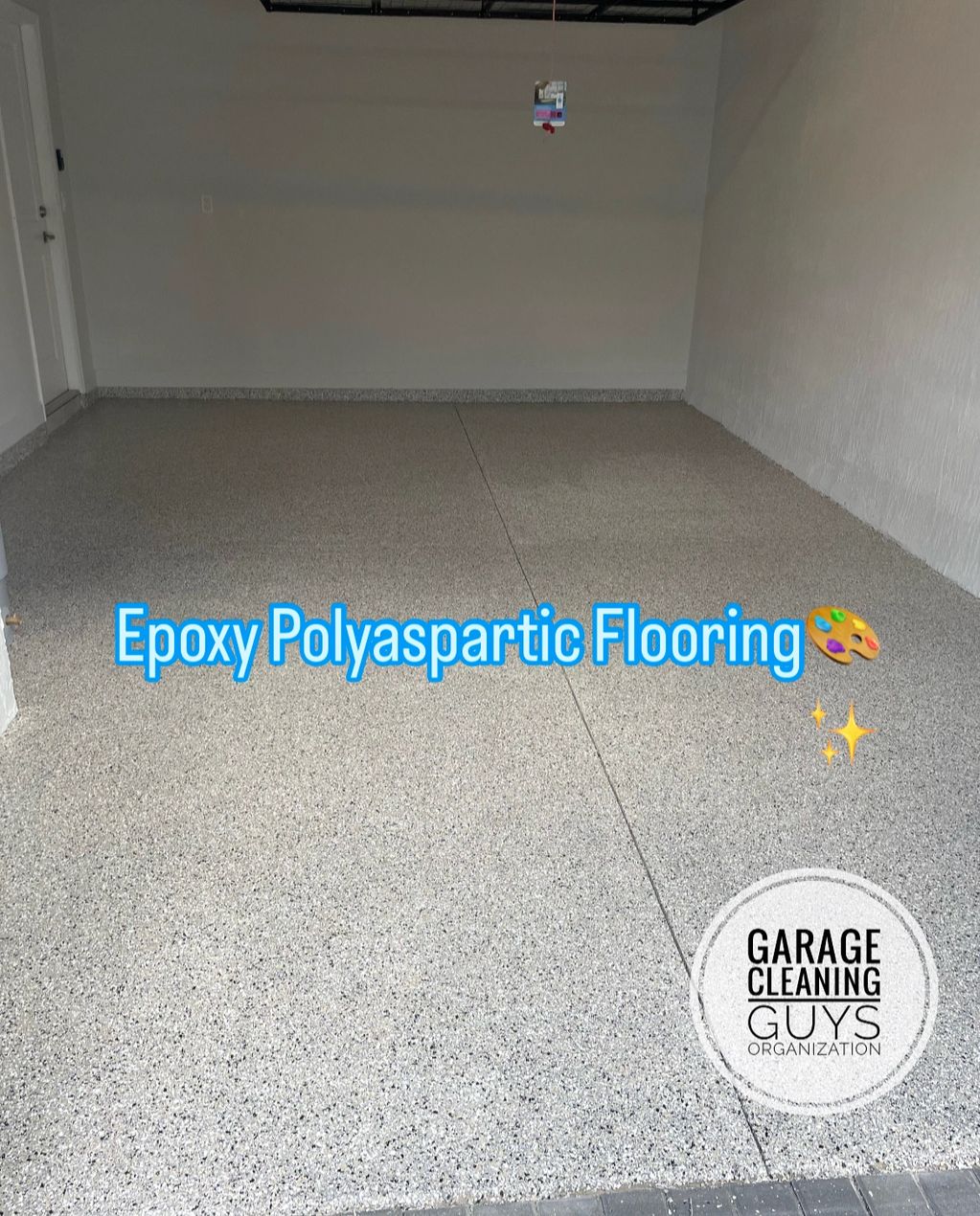 A one car garage of epoxy Polyaspartic Flooring installed by Garage Makeover Guys