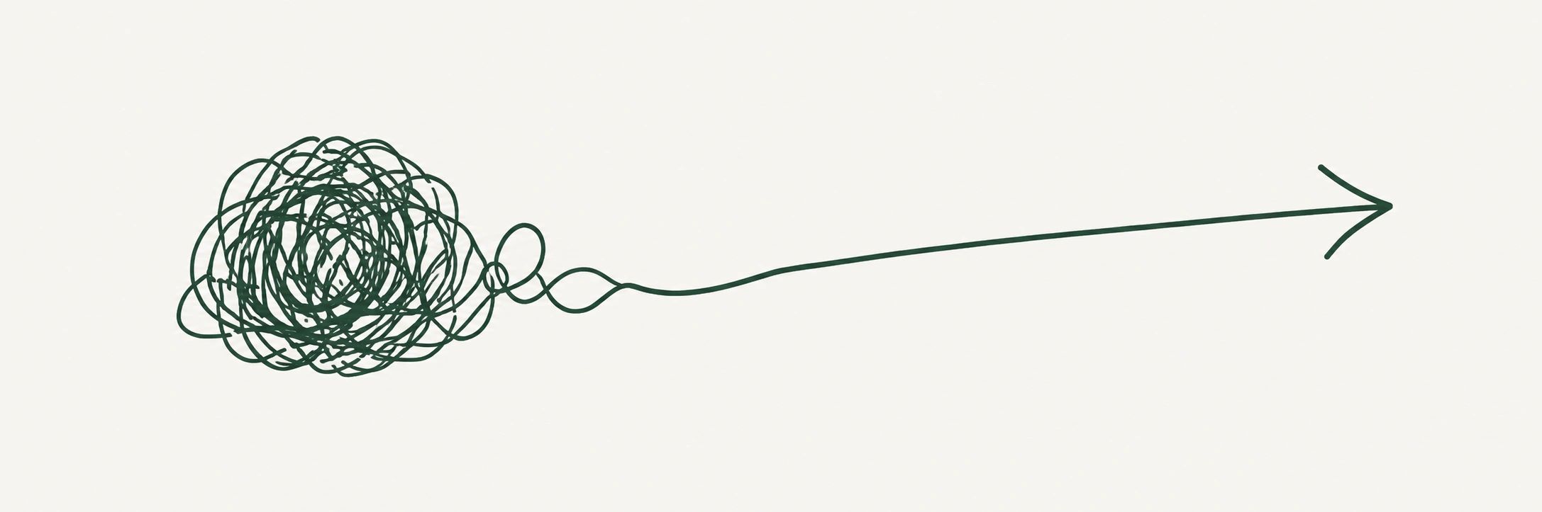 A tangled scribble transitions into a straight arrow pointing right.
