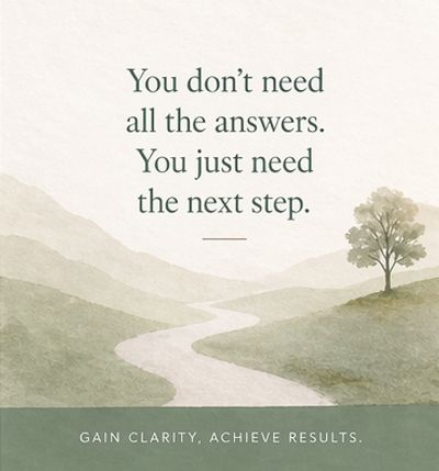 Inspirational quote about progress and clarity with a serene landscape background.