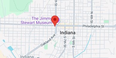 Map showing the location of The Jimmy Stewart Museum in Indiana.