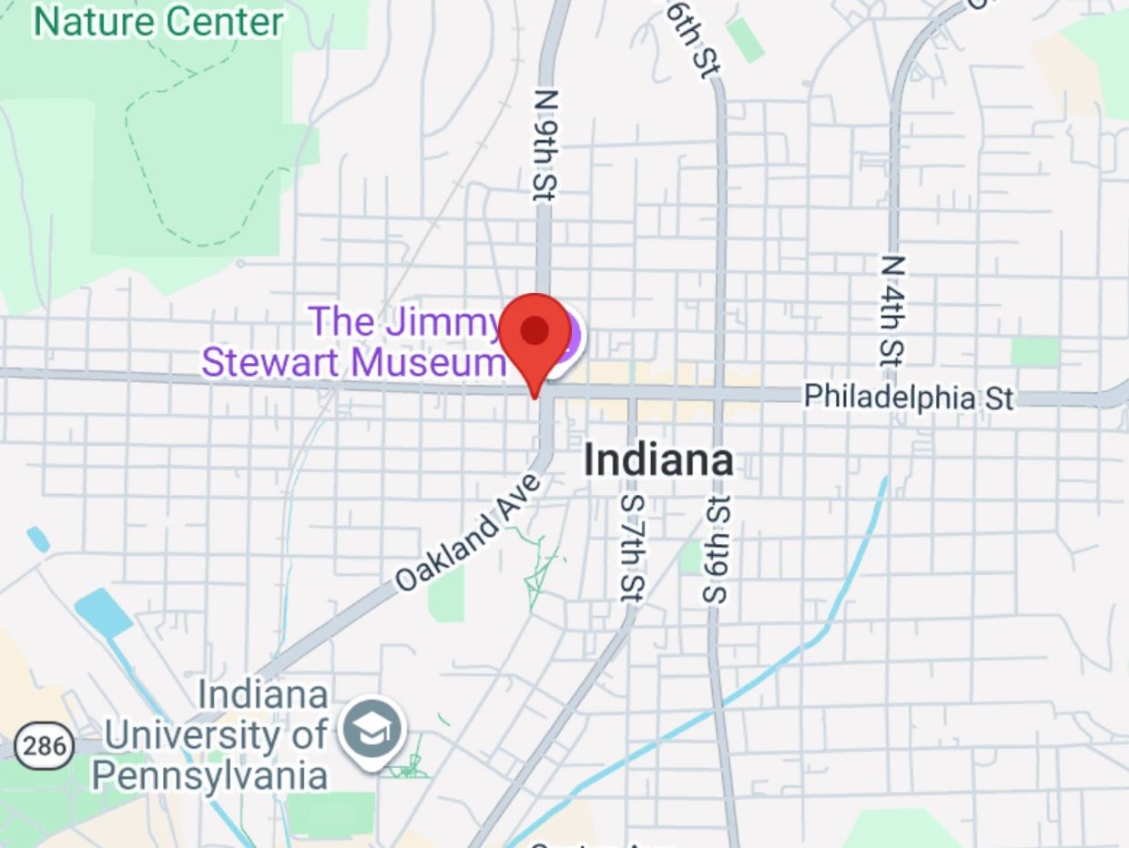 Map showing Indiana city with landmarks and streets.