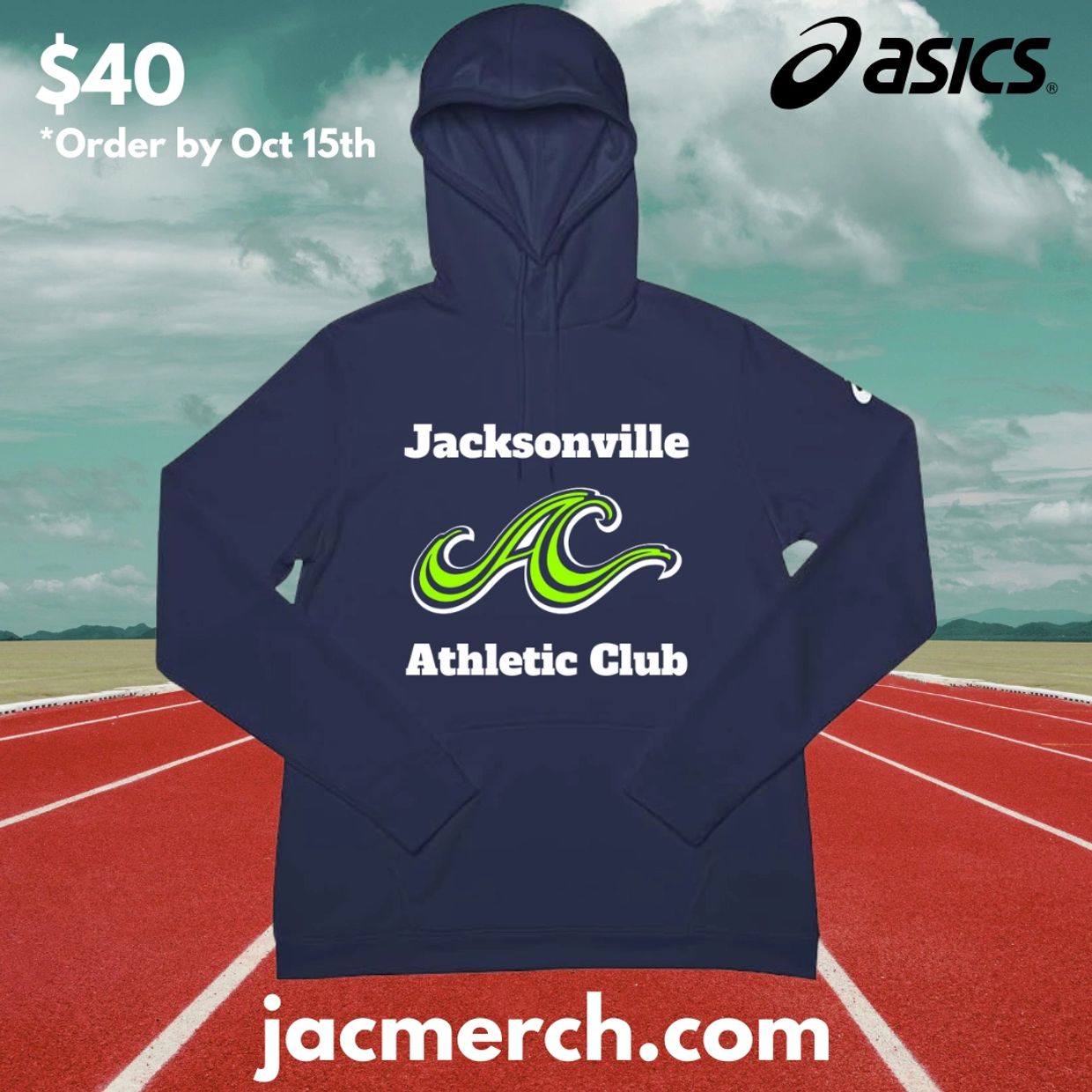 Navy blue Jacksonville Athletic Club hoodie available for $40, order by Oct 15th.