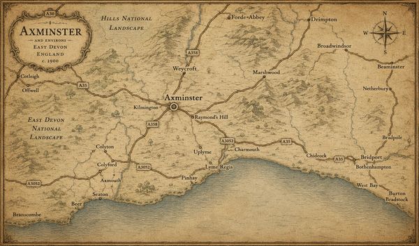 Vintage map of Axminster and East Devon, England around 1900.