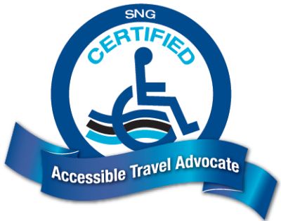 Certified Accessible Travel Advocate badge with wheelchair symbol.