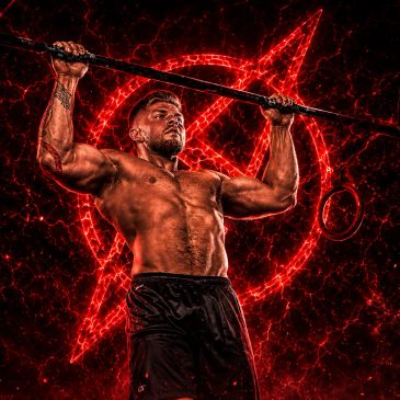 Hombre musculoso haciendo dominadas frente a fondo rojo con estrella.