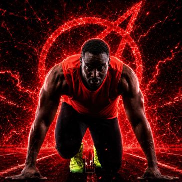 Hombre atlético listo para correr con energía roja.