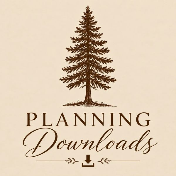 Logo with a pine tree and text 'Planning Downloads'.