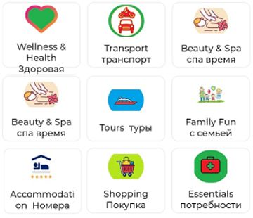 Categories -Wellness & Health, Transport, Beauty & Spa, Travel & Tours, Accommodation, and Shopping.