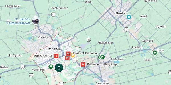 Map of Kitchener, Waterloo, Cambridge, Guelph, and the surrounding area.