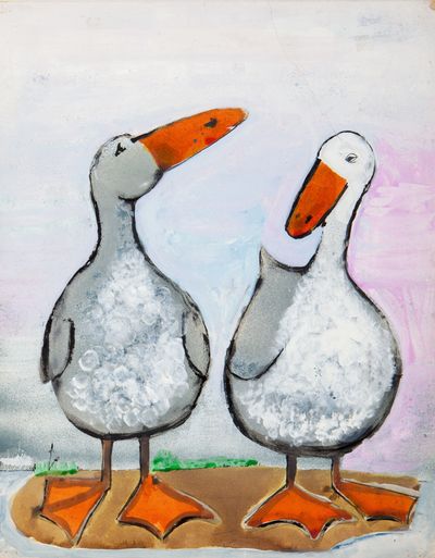 A drawing of two white geese