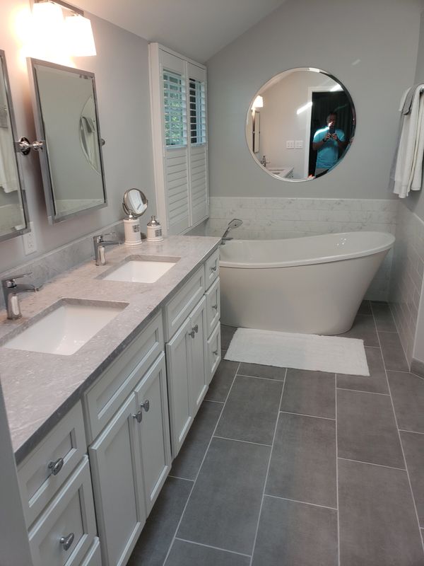 Bathroom Remodel After Picture, Stand Alone Tub, Window, Double Bowl Vanity, Flooring, Paint, Trims