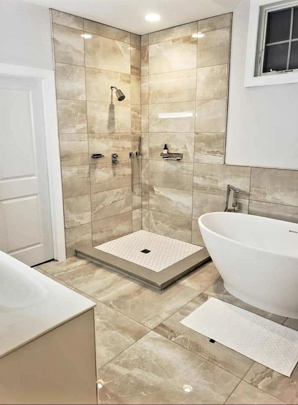 Bathroom Remodel After Picture: Tile, Lights, Stand Alone Tub, Wall Mount Vanity, Custom Glass