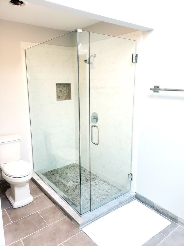 Shower Remodel, Custom Glass, Wedi Shower System, Tile, Niche.