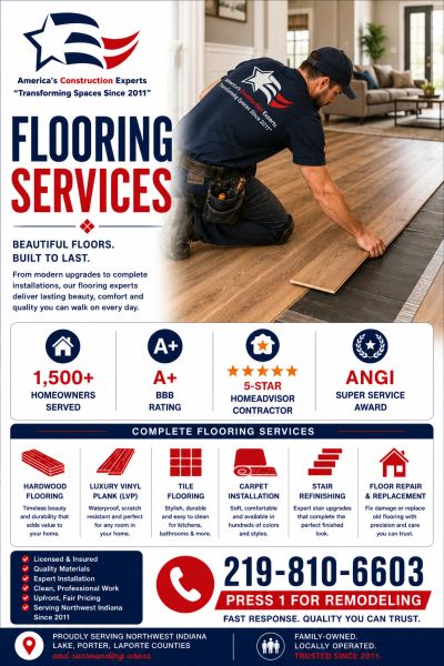 Flooring services advertisement showcasing expert installation and repair with top ratings.