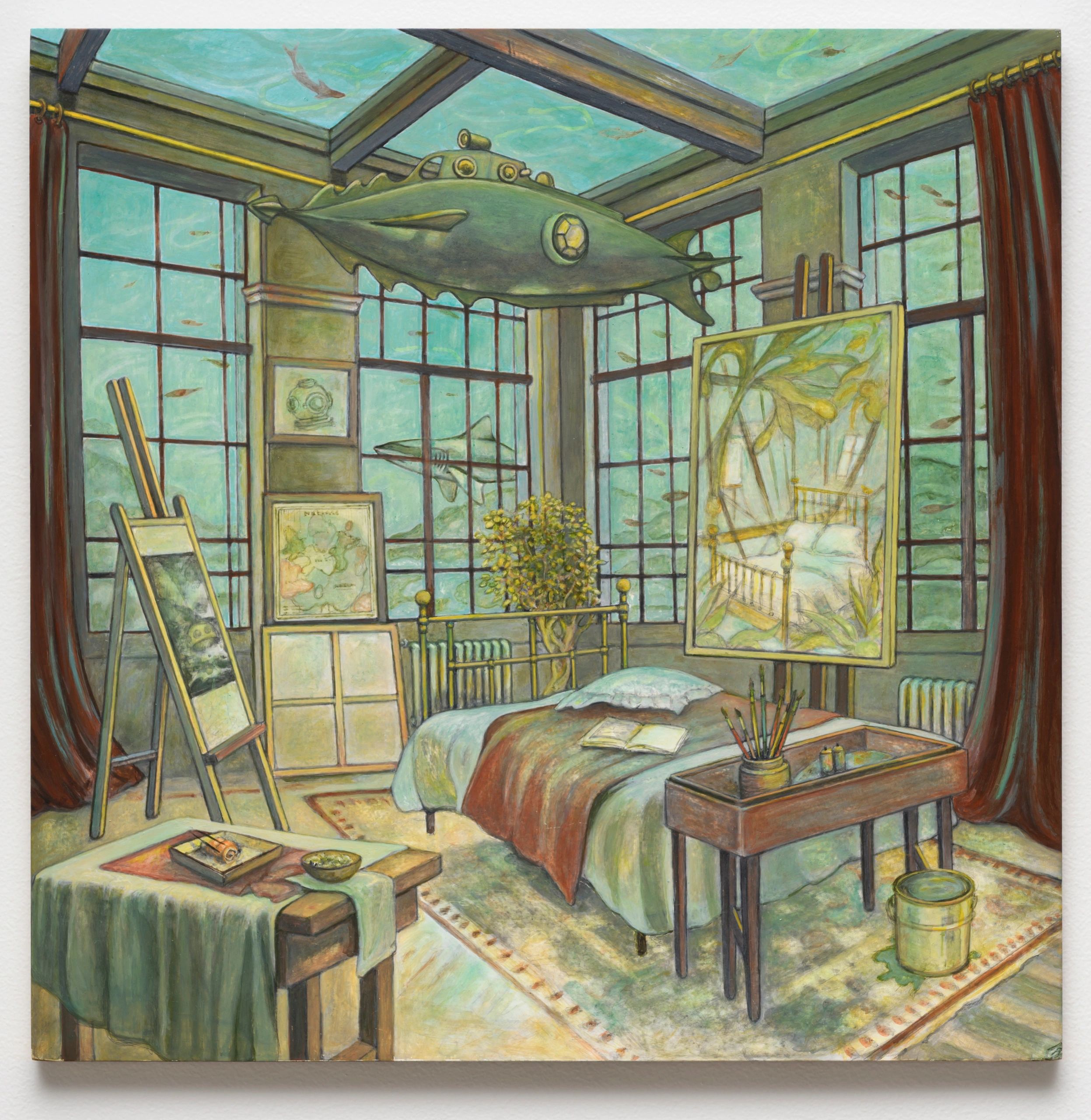 Artist Studio, 18x18", acrylic, pastels, ink on wood panel, 2026